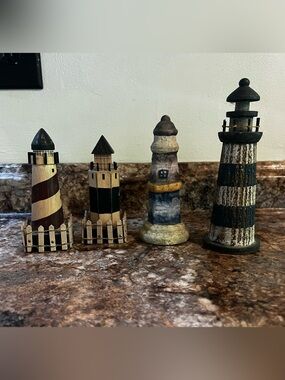 Wooden Lighthouse Coastal Nautical Decor Lot Of 3 One Made Of Plaster 4”-6” Tall